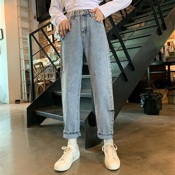 2019 straight leg trousers and high-waisted jeans trousers, Blue